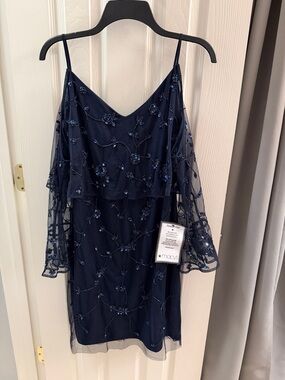 Adrianna Papell Navy Beaded Cold-Shoulder Mini Dress